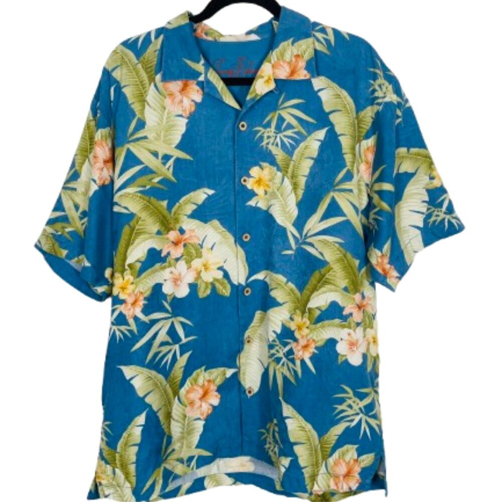 Tommy Bahama Mens Hawaiian 100% Silk Floral Short Sleeve Button Down Shirt Sz L
